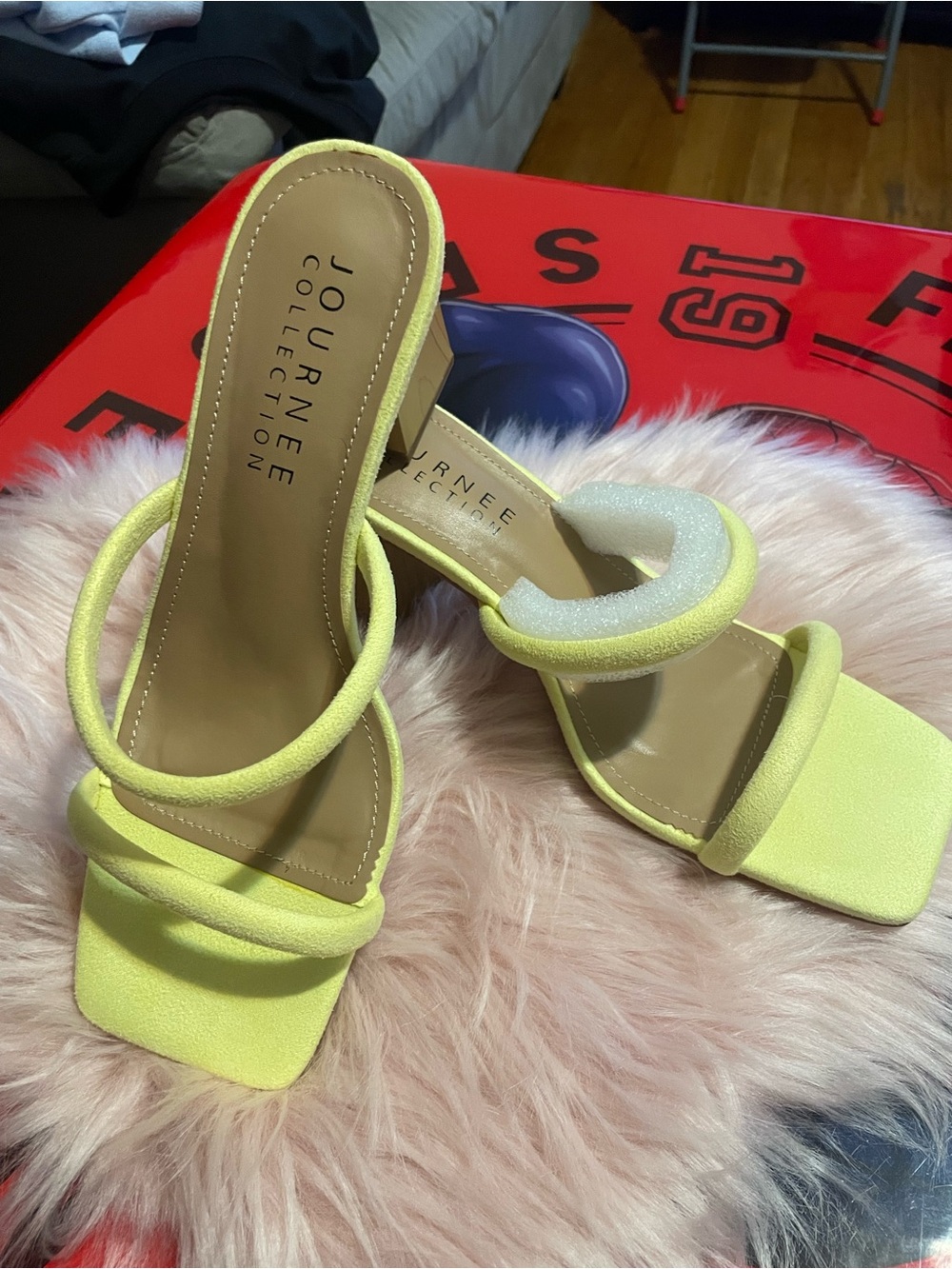 Journee Collection Lemon Yellow Strappy Square-Toe Mules
